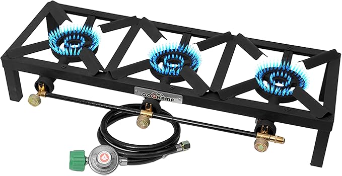 COOKAMP Propane Triple Burner Angle Iron Camp Stove with CSA Listed Regulator and 4ft Hose (SA3200)