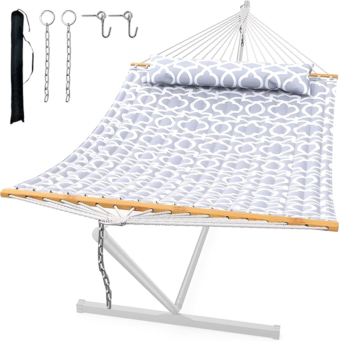 ANAGOO Double Quilted Outdoor Hammock for 2 Adults, 500lb Capacity Backyard & Camping Hammock with Pillow and Bamboo Spreader Bar, Fits 11–15ft Hammock Stands (Stand Not Included),Light Gray