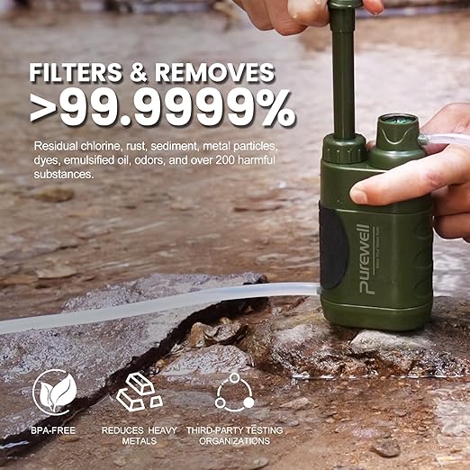 Purewell Water Hand Purifier Pump with Replaceable Carbon 0.01 Micron Water, Stages, Portable Outdoor Emergency and Survival Gear - Camping, Hiking, Backpacking(Green)