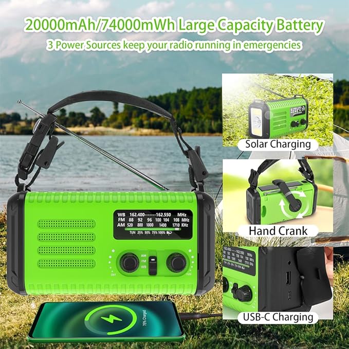 20000mAh 74000mWh Emergency Crank Radio, NOAA Weather Radio AM FM Hand Crank Solar Flashlight, Battery Operated Cell Phone Charger, USB Charging, Reading Lamp, SOS & Compass for Emergencies