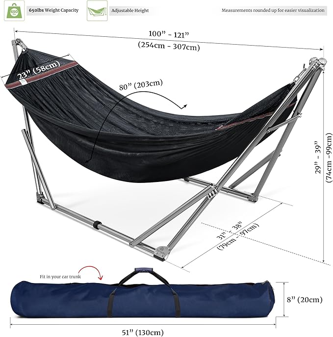 Tranquillo Adjustable Hammock Stand, Collapsible Camping Hammock and Stand, 650 lbs Capacity Deluxe Double Hammock Stand for 2 Persons, Portable Everywhere Easy Assembly Non-Slip and Noise-Free, Black