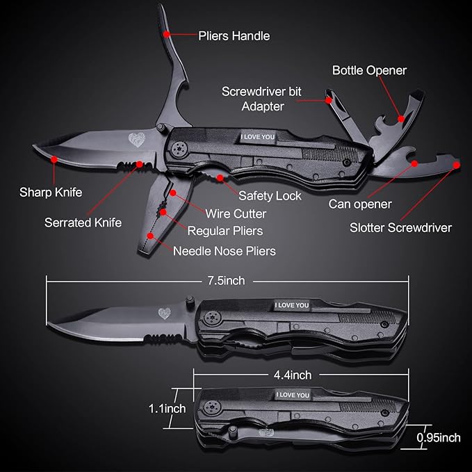 Multitool Pocket Knife for Men, Gifts for Him, Boyfriend, Husband, Dad, Multi Tool Tactical Plier With Nylon Sheath, 'I LOVE YOU'