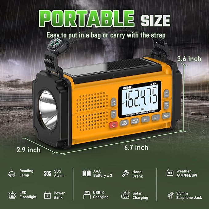 PRUNUS J-924 10000mAh/37000mWh Hand Crank Radio, AAA Batteries Powered Emergency Radio Solar, NOAA Weather Radio AM/FM/SW, USB Charging, Torch& Reading Light, SOS Alarm, Power Bank