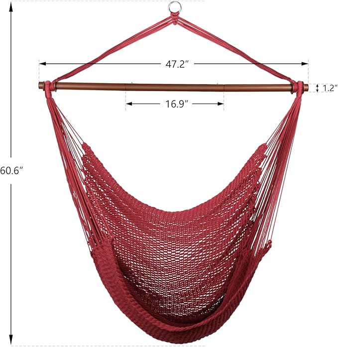 Upgraded Caribbean Hammock Chair with Detachable Metal Bar, Large Hammock Swing Chair, XL Rope Hanging Chair for Outdoor Indoor, 330 LBS Weight Capacity, FireBrick