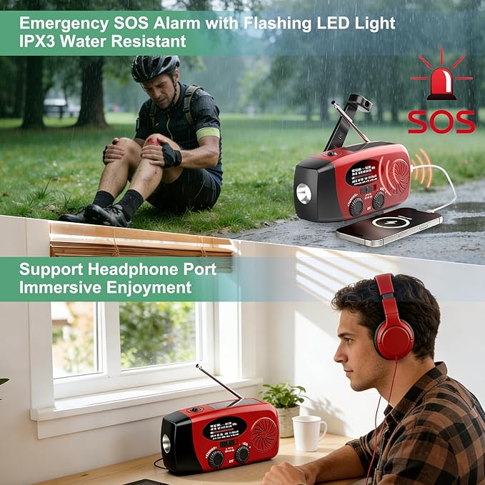18500mWh Weather Emergency Radio, Portable Solar AM/FM/NOAA Hand Crank Radio, Cell Phone Charger with SOS, 1W LED Flashlight, Headphone Jack, Power for Emergency Preparedness (5000mAh Red)