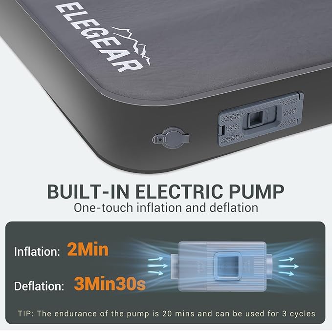 Elegear CumbreX™ Air & Foam Self Inflating Sleeping Pad, Built-in Electric Pump 4" Ultra-Thick Memory Foam Camping Mattress with Pillow Double Camping Pad 4-Season R-Value 9.5 Camp Mat (Grey, Full)