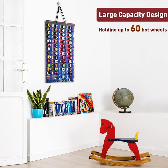 Hanging Storage Organizer for Toy Cars Felt Display Case Hold Up 60 Toy Cars (Without Accessories) (Colorful)