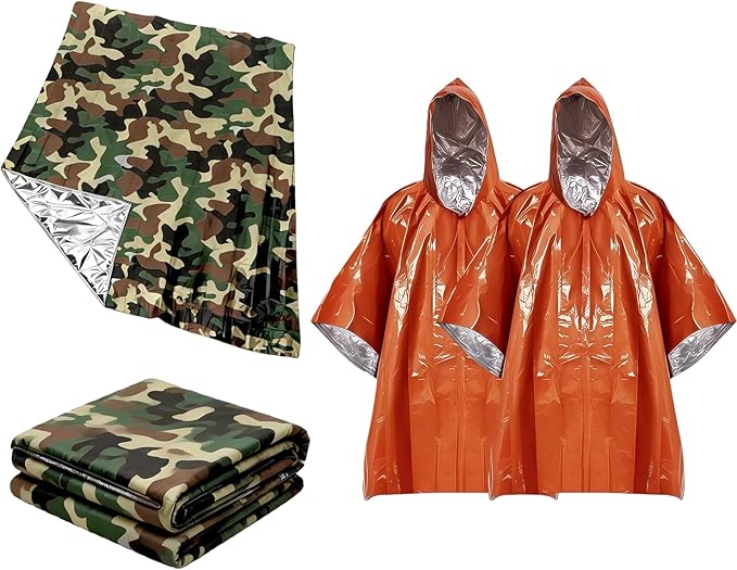 4-Pack Emergency Survival Kit,Camo Emergency Blankets（2） + Orange Emergency Ponchos（2）, Waterproof & Thermal Insulated PE & Mylar Gear for Camping, Hiking, Disaster Preparedness