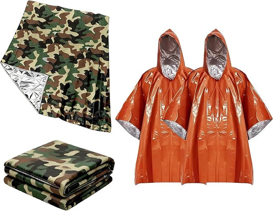 4-Pack Emergency Survival Kit,Camo Emergency Blankets（2） + Orange Emergency Ponchos（2）, Waterproof & Thermal Insulated PE & Mylar Gear for Camping, Hiking, Disaster Preparedness