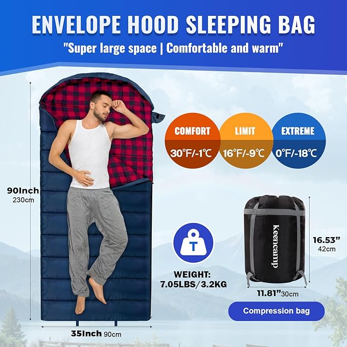 Keencamp 0 Degree Sleeping Bag Cotton Flannel Winter Cold Weather for Adults XXL Sleeping Bag 4 Season Big and Tall with Pillow Compression Sack