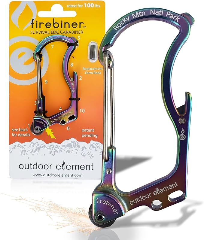 OUTDOOR ELEMENT Firebiner Custom Engraved 6-in-1 Fire Starter Carabiner Multitool – Survival Gear EDC Keychain with Utility Blade, Bottle Opener, Screwdriver, Emergency Tool