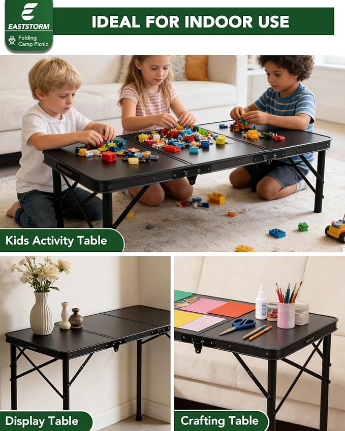 E EASTSTORM 3ft Folding Camping Table, Folding Table with 3 Adjustable Height, Portable Table with Handle, for Outdoor, Backyard, BBQ, Picnic, Cooking, RV, fits 2–4 People, Black