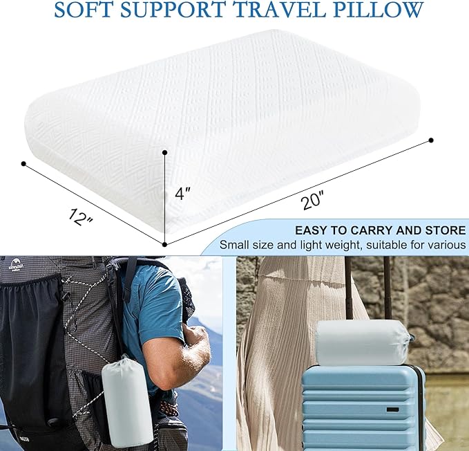 YOUR MOON Small Memory Foam Travel Size Pillow for Sleeping, Pure Cotton Cover, Compressible Camping Pillow for Sleeping, Portable Backpacking Support Pillows for Hiking, Car(White)