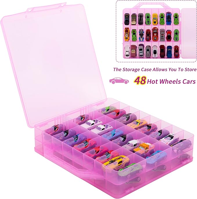 KISLANE Double Sided Toy Car Storage Case for 48 Cars, Pink, Rectangular, Plastic, Wall Mount, 13.4 x 11.8 inches