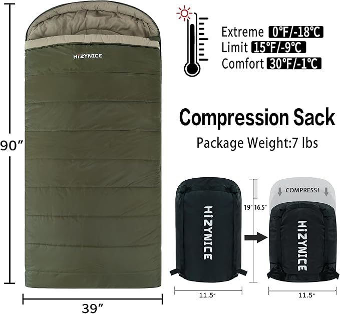 HiZYNICE Cold Weather Sleeping Bag 100% Cotton Flannel XXL for Adults Big and Tall,Free Compression Sack