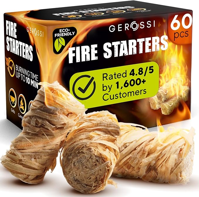 Fire Starter - Natural Pine Fire Starters for Fireplace, Campfires, Grill, Wood & Pellet Stove, Chimney, Fire Pit, BBQ, Smoker - 60 Pack w/10 Min Burning Time - All Weather & Odorless Firestarter