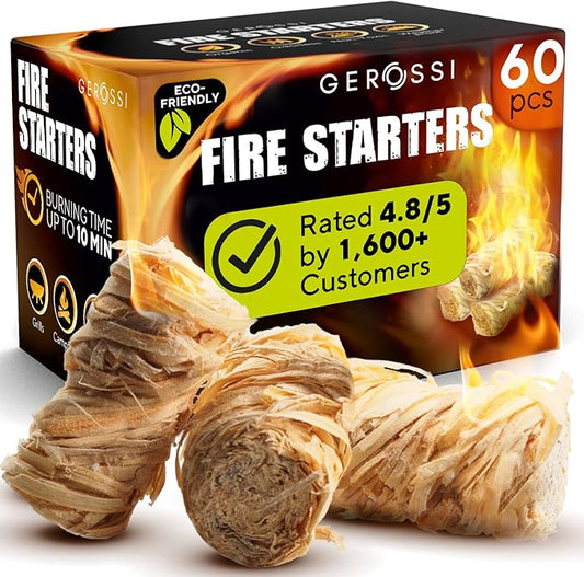 Fire Starter - Natural Pine Fire Starters for Fireplace, Campfires, Grill, Wood & Pellet Stove, Chimney, Fire Pit, BBQ, Smoker - 60 Pack w/10 Min Burning Time - All Weather & Odorless Firestarter