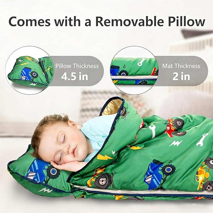 Primlect Toddler Nap Mat Extra Large Thickened 55''x35'', Soft Sleeping Bag with Detachable Minky Blanket and Pillow, Portable for Daycare, Preschool, Kindergarten, Travel, Boys and Girls