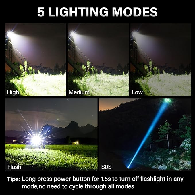 AKNEAR Rechargeable LED Flashlight 99000 High Lumens, Super Bright Flashlights with Zoomable & USB C Rechargeable & 5 Light Mode & IPX7 Waterproof, Powerful Flash Light for Home, Hiking, Camping