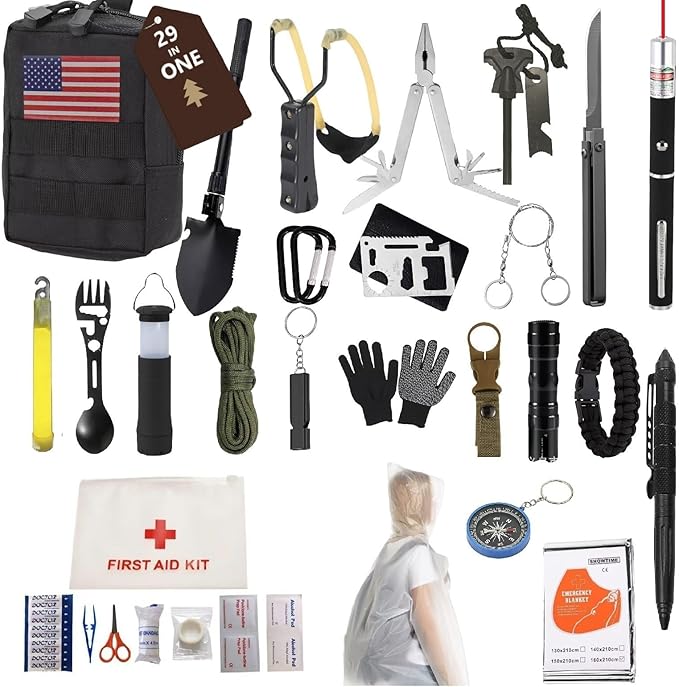 29-in-1 Outdoor Survival Gear Kit with Heavy-Duty Storage Bag, First Aid & Fire Starter – Emergency Tools for Camping Hiking, Gifts for Dad, Husband, Men Women