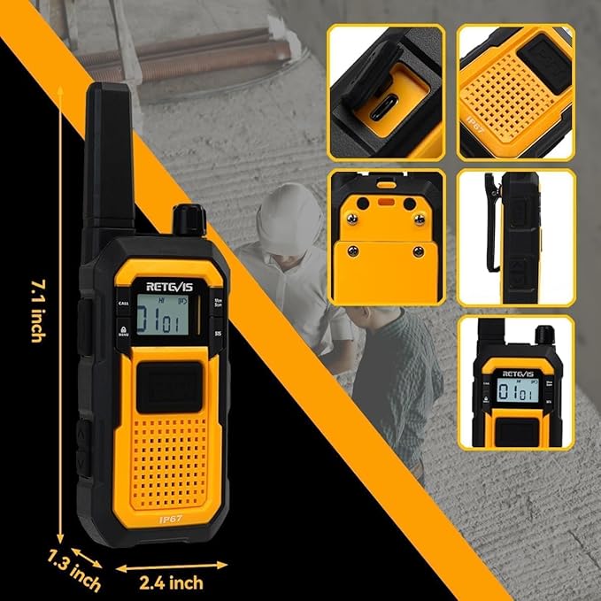 Retevis RB48 Walkie Talkies Long Range, MIL-STD 810H Heavy Duty Two Way Radios with Earpiece, IP67 Waterproof, 2000 mAh, Dual PTT, Vibration Call, 2 Way Radio for Jobsite (4 Pack)