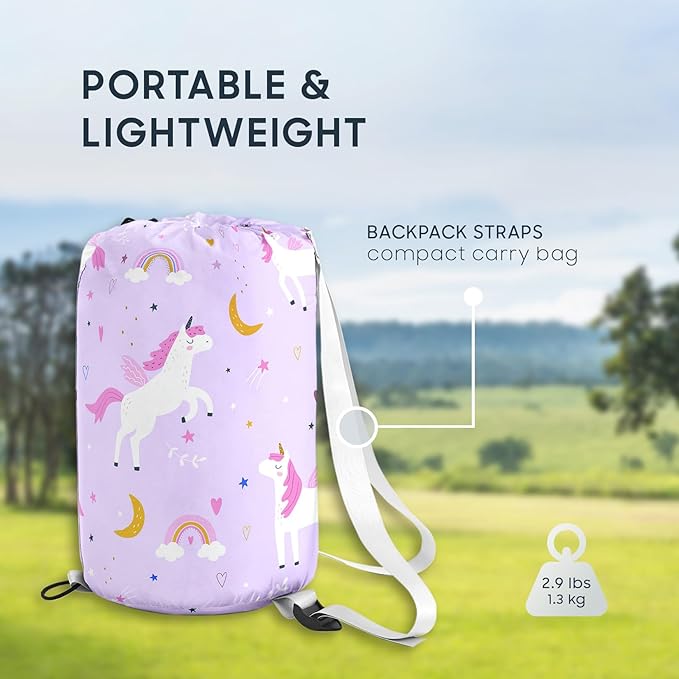 Wake In Cloud - Kids Sleeping Bag for Girls Toddlers, Camping in Warm Cold Weather, Backpacking Lightweight Compact Outdoor Liner for 3 Seasons, Celestial Unicorns