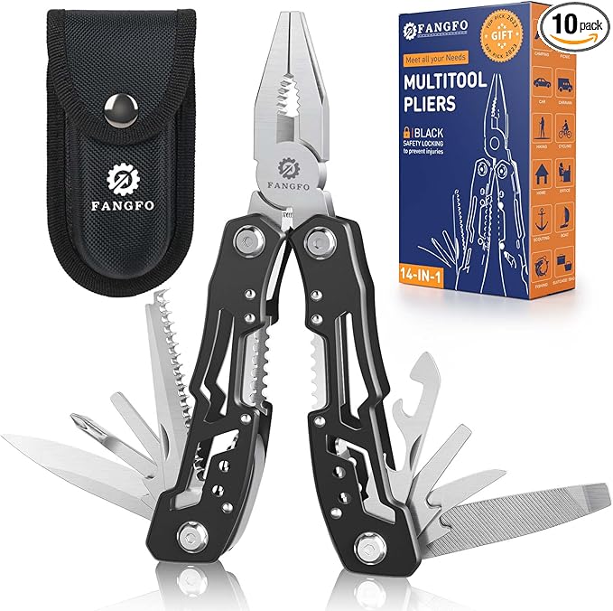 14-In-1 Multitool with Safety Locking, Professional Stainless Steel Multitool Pliers Pocket Knife, Bottle Opener, Screwdriver with Nylon Sheath ，Apply to Survival,Camping, Hunting and Hiking 10 Pcs