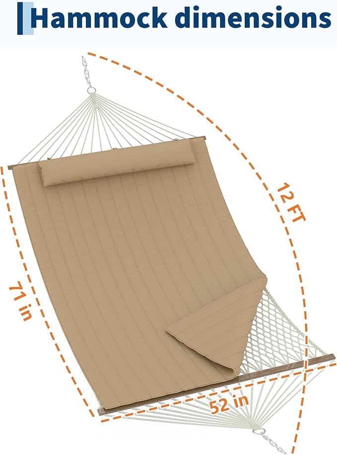 2 Person 12FT Hammocks for Outside, Double Quilted Fabric Outdoor Hammock with Spreader Bar, Large Removable Pillow, Storage Pockets, Carabiners, Max 450 Lbs Capacity