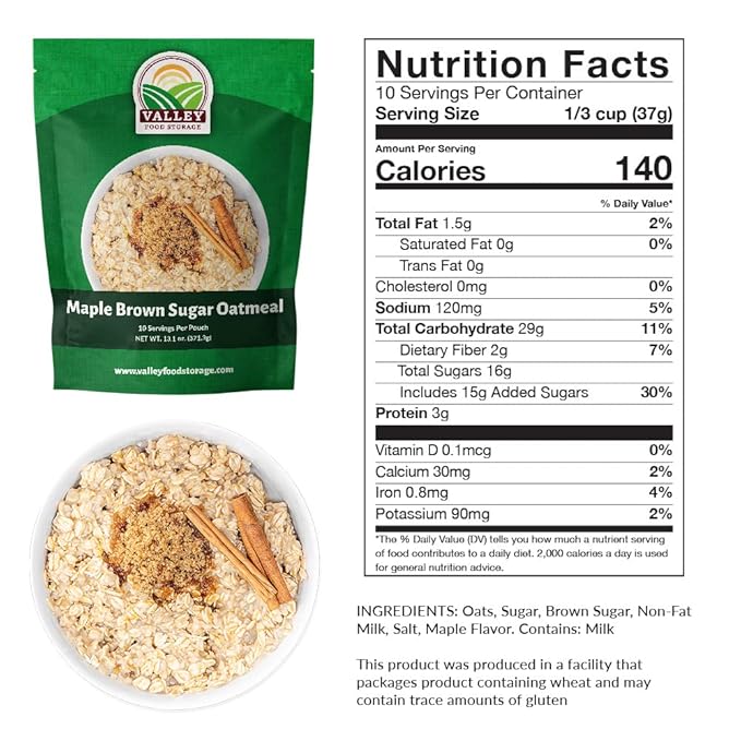 Valley Food Storage Maple Brown Sugar Oatmeal | 10-Bag Bucket, 100 Servings | Premium Emergency Food Supply, 25 Year Shelf Life | Survival Breakfast Food for Prepper Storage & Camping