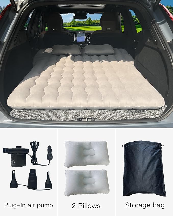 Canodoky SUV Air Mattress, Inflatable Car Mattress Bottle and Phone Holder Thickened Flocking & PVC Surface Car Bed with Electric Air Pump Travel Mattress for Camping Road Trip (Grey)