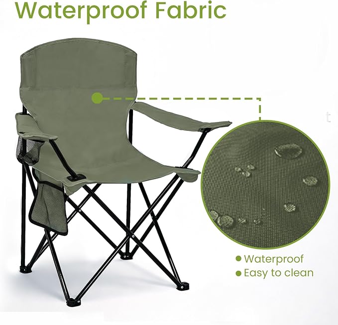 2 Pack Folding Camping Chair with Cup Holder & Side Storage Bag 300lbs Capacity Lightweight High Back Portable for Beach, Picnic, Sport, Green