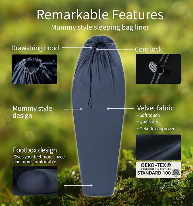 Litume Velvet Velour Sleeping Bag Liner Add Up to 14°F/ 8°C, Mummy Sleeping Sack Backpacking, Camping, Traveling, Hotel, Hostal, Lightweight Sleep Sack with Drawstring Hood E625