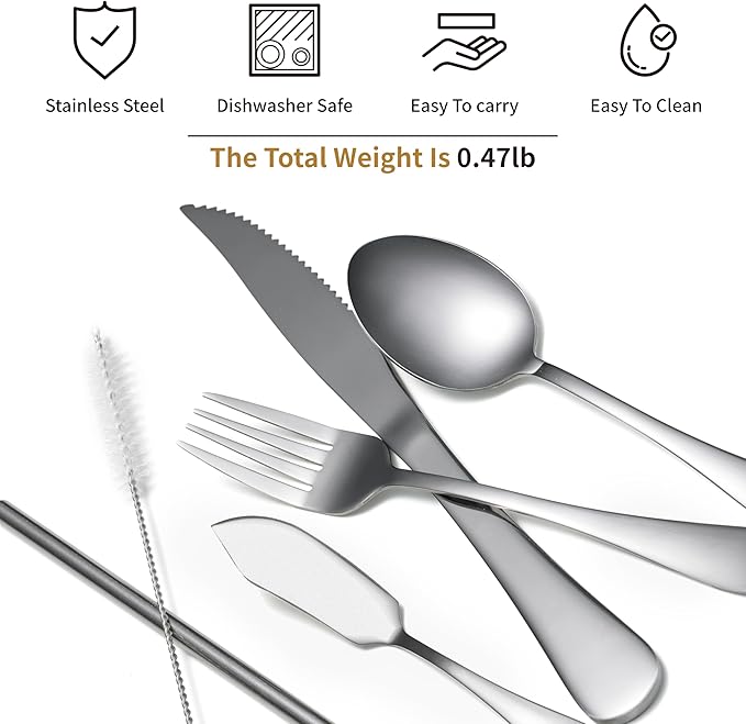 Travel Utensils with Case, Portable Travel Silverware Set Stainless Steel Lunch Box Cutlery Set for Work, Camping, Picnic, Hiking, Office (Silver)