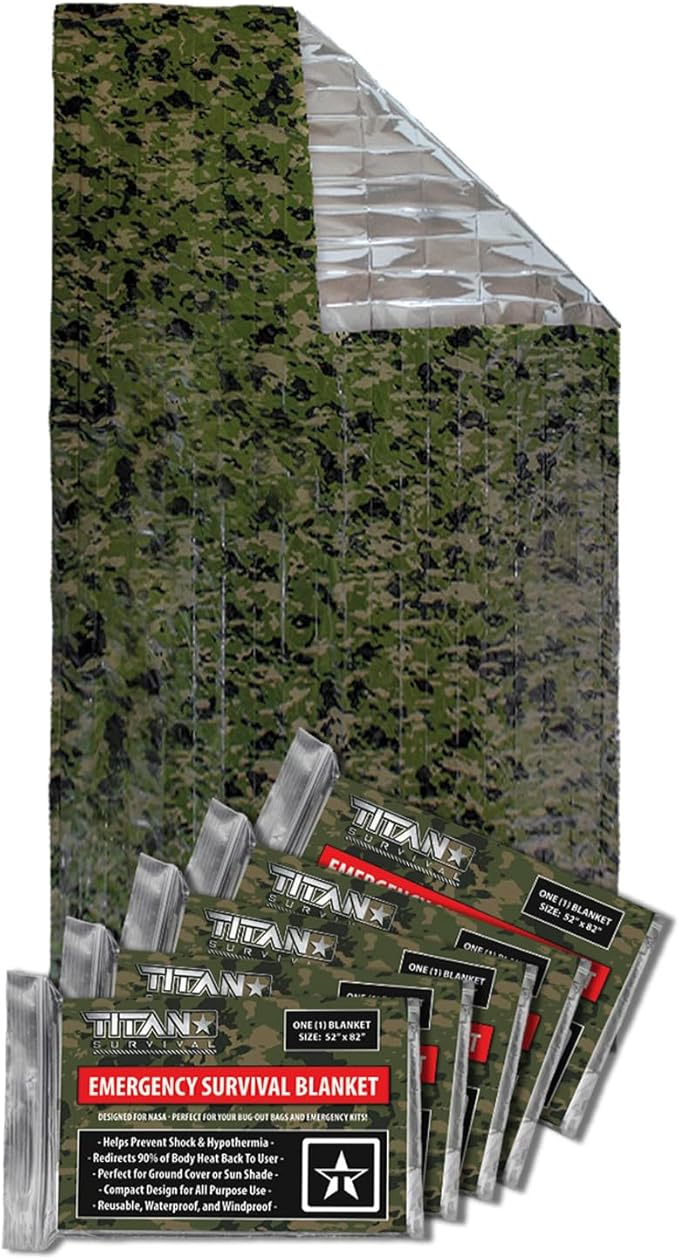 TITAN Survival Premium Mylar Survival Blankets (5 Pack) Thermal Emergency Survival Blanket for Camping, Hunting, Hiking - 90% Heat Retention & Waterproof - Portable Space Blanket w/Size Options