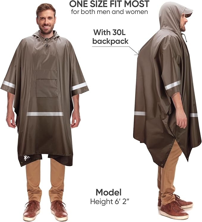 PTEROMY 3-in-1 Hooded Rain Poncho for Adult with Pocket, Waterproof Lightweight Unisex Raincoat for Hiking Camping Emergency