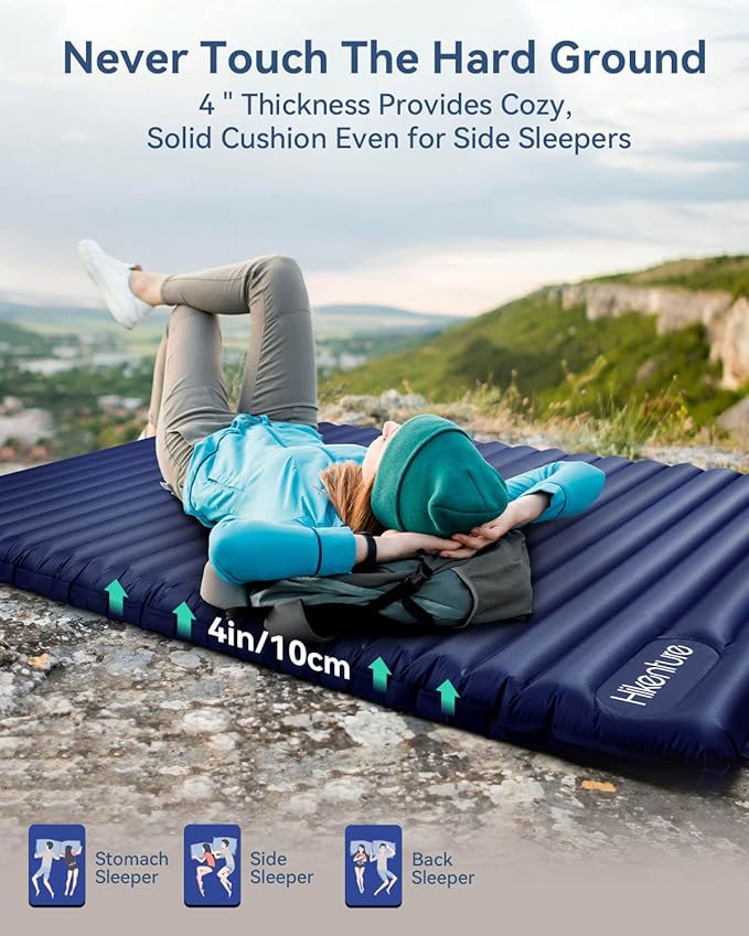 Hikenture Double Sleeping Pad for Camping, Ultralight 4" Extra-Thick Camping Mattress 2 Person, Inflatable Backpacking Sleeping Mat, Hiking Air Mattress for Tent (Navy Footpump 79x47.5in)