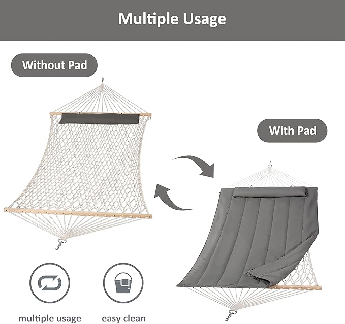 SUNCREAT Hammocks Double Cotton Rope Hammock with Polyester Pad, Heavy Duty Hammock with Wooden Stand, Dark Gray