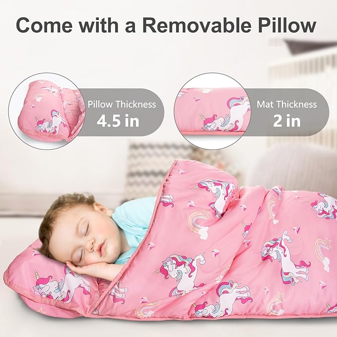 Primlect Thickened Toddler Nap Mat with Removable Pillow and Minky Blanket, Extra Large 55''x35'' Sleeping Bag, Washable, Roll up, Perfect for Daycare, Preschool, Kindergarten, Boys and Girls Pink