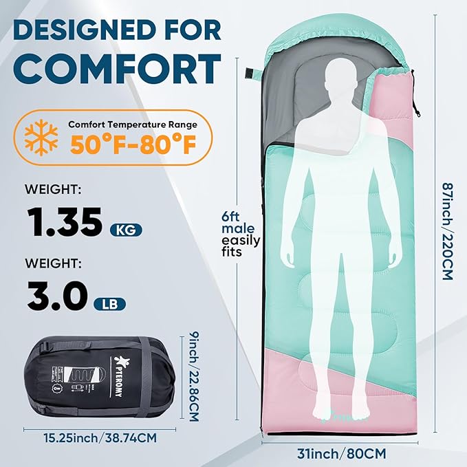 PTEROMY Sleeping Bags for Adults, Lightweight and Machine Washable, Water Resistant Backpacking Camping Sleeping Bag for Warm Cold Weather, Camping Essentials for Hiking Travel