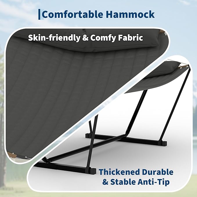 2 Person Double Hammock with Adjustable Steel Stand & Pillow, Heavy Duty Portable Outdoor Hammock Set, MAX 450 LBS Weight Capacity for Patio, Garden, Beach, Backyard