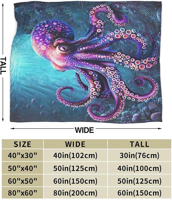 Ocean Octopus Blanket Soft Octopus Flannel Fleece Blanket Cozy Warm Nautical Decor Bedding Stuff Plush Throw Blanket Gifts for Lover Girls Boys Kids Women Adults 60"x80"