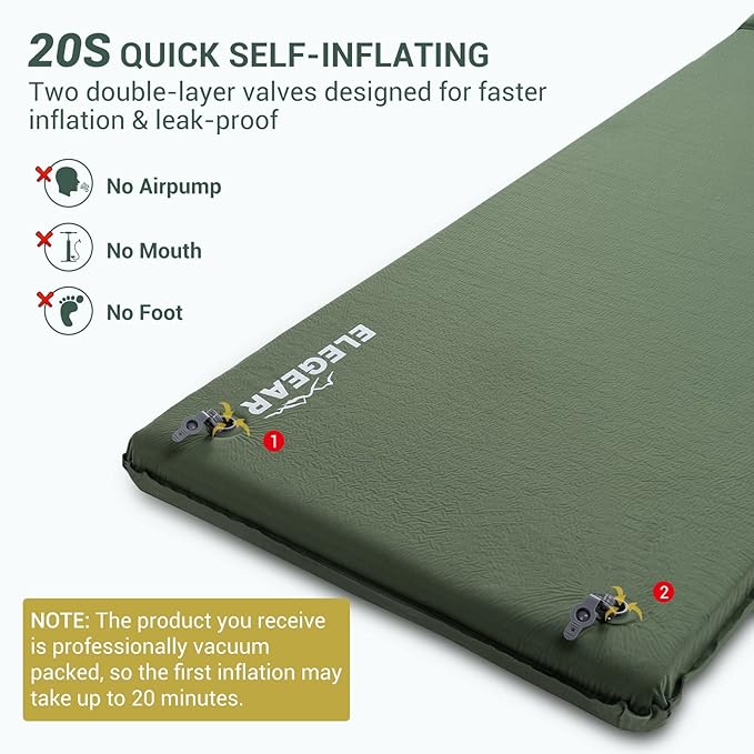 Elegear CumbreX™ Self Inflating Sleeping Pad, 3.15" Ultra-Thick Memory Foam Camping Pad with Pillow Fast Inflating in 20s Insulated Camping Mattress Pad 4-Season Camp Sleeping Mat for Camp/Travel/Tent
