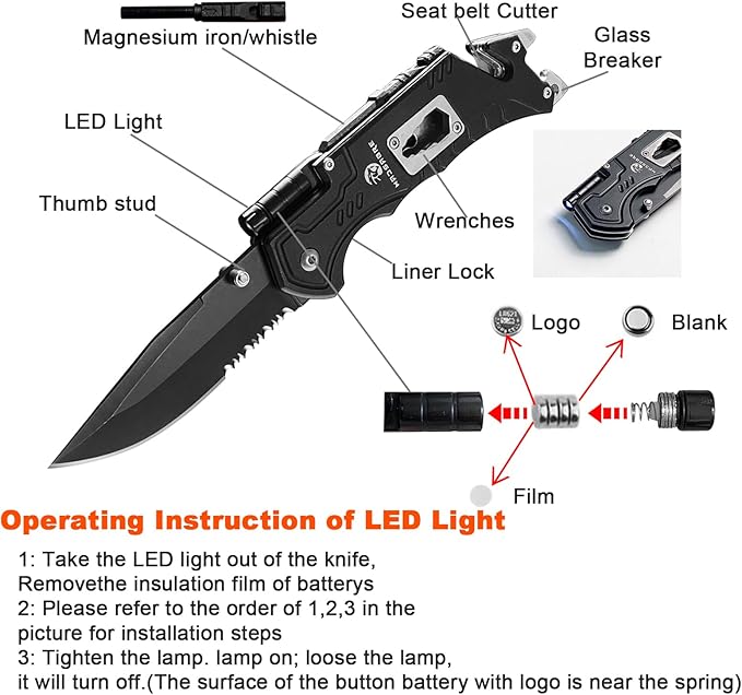 MADSABRE Multitool Pocket Knife with Clip and Case, 8-in-1 Folding Knives with Glass Breaker, Bottle Opener, Wrench, EDC Multitool Knife for Camping, Survival, Gifts for Men (Black)