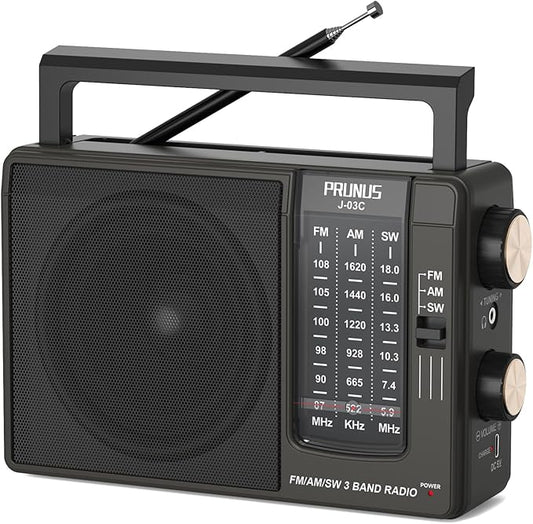 PRUNUS J03C AM FM Radio Portable USB or AA Battery Operated for Home/Outdoor, Large Speaker Excellent Sound, Excellent Reception 19.5 ant, Large Tuning Knobs,Gifts for Seniors, No,Internet Radio