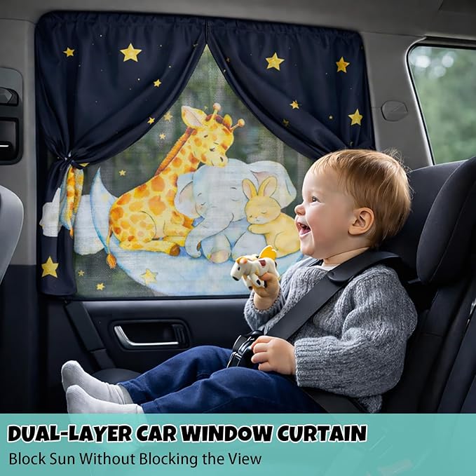 Car Window Shade for Baby, 2 Pack Double Layer with 7 Strong Magnets, Cute Giraffe & Star Design Baby Sun Shade for Car Window, Adjustable Blackout & See-Through Privacy Curtains UV Protection