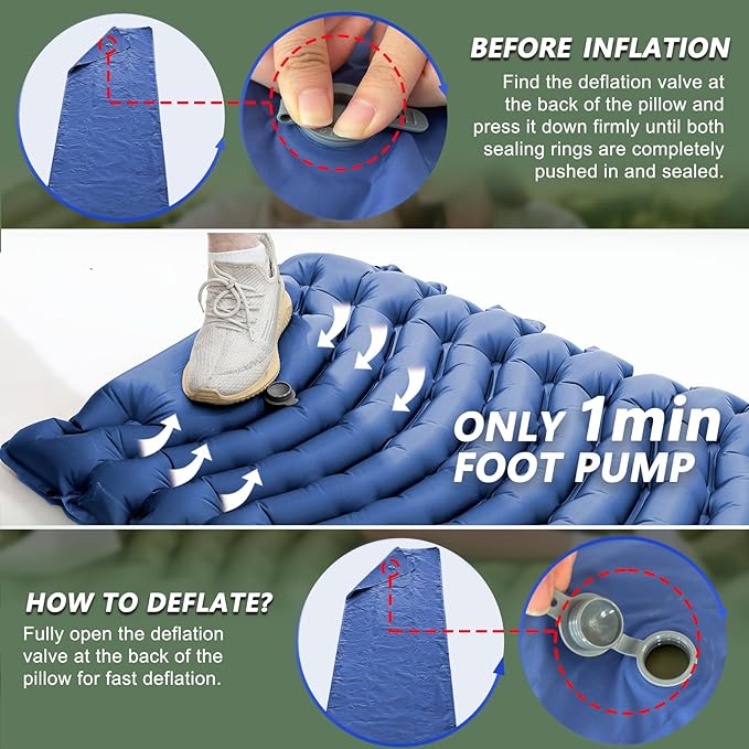 Sleeping Pad for Camping - Ultralight Camping Mattress with Pillow, Built-in Foot Pump, Compact Inflatable Portable Mat for Backpacking, Hiking, Car Traveling, Beach, Tent
