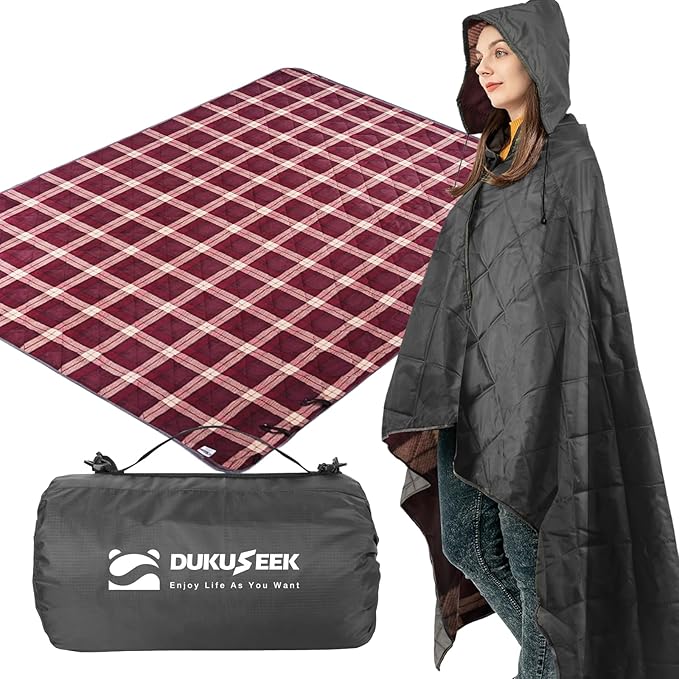 DUKUSEEK Large Camping Blanket - Waterproof, Quilted, Extra Thick Fleece, Warm, Windproof, Wearable, Includes Foldable Hood and Stuff Sack for Car, Outdoor Sports, Picnics, Stadiums, Dogs