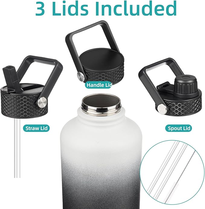 Konokyo Insulated Water Bottle with Straw,87 oz 3 Lids Water Jug with Carrying Bag,Paracord Handle,Double Wall Vacuum Stainless Steel Metal Flask,Day Night