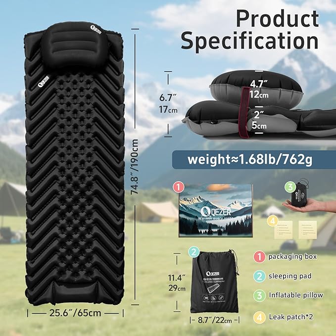 Ultralight Backpacking Sleeping Pad for Camping, with Inflatable Neck Camping Pillow, Lightweight Inflatable Sleeping Pad for Adults, Portable for Hiking, Car Travel - Durable & Comfortable