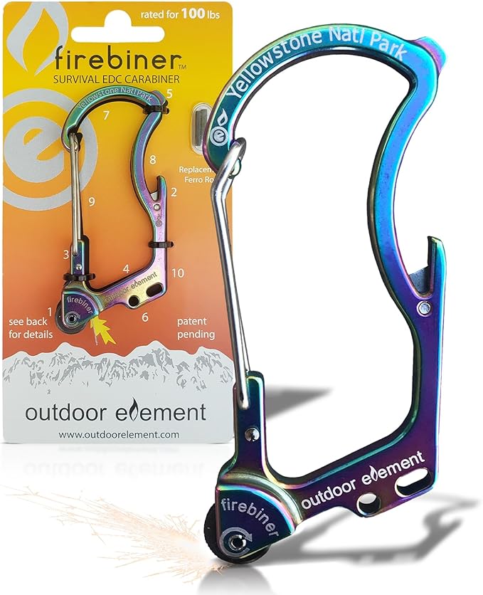 OUTDOOR ELEMENT Firebiner Custom Engraved 6-in-1 Fire Starter Carabiner Multitool – Survival Gear EDC Keychain with Utility Blade, Bottle Opener, Screwdriver, Emergency Tool